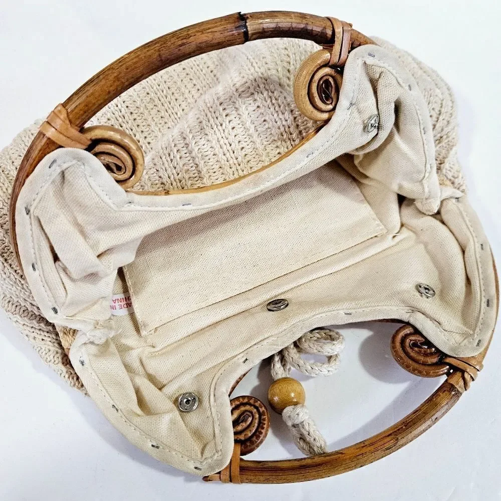 Vintage Hand Made '60s Cream Crochet Knit Boho Bamboo Handles Handbag Purse Bag